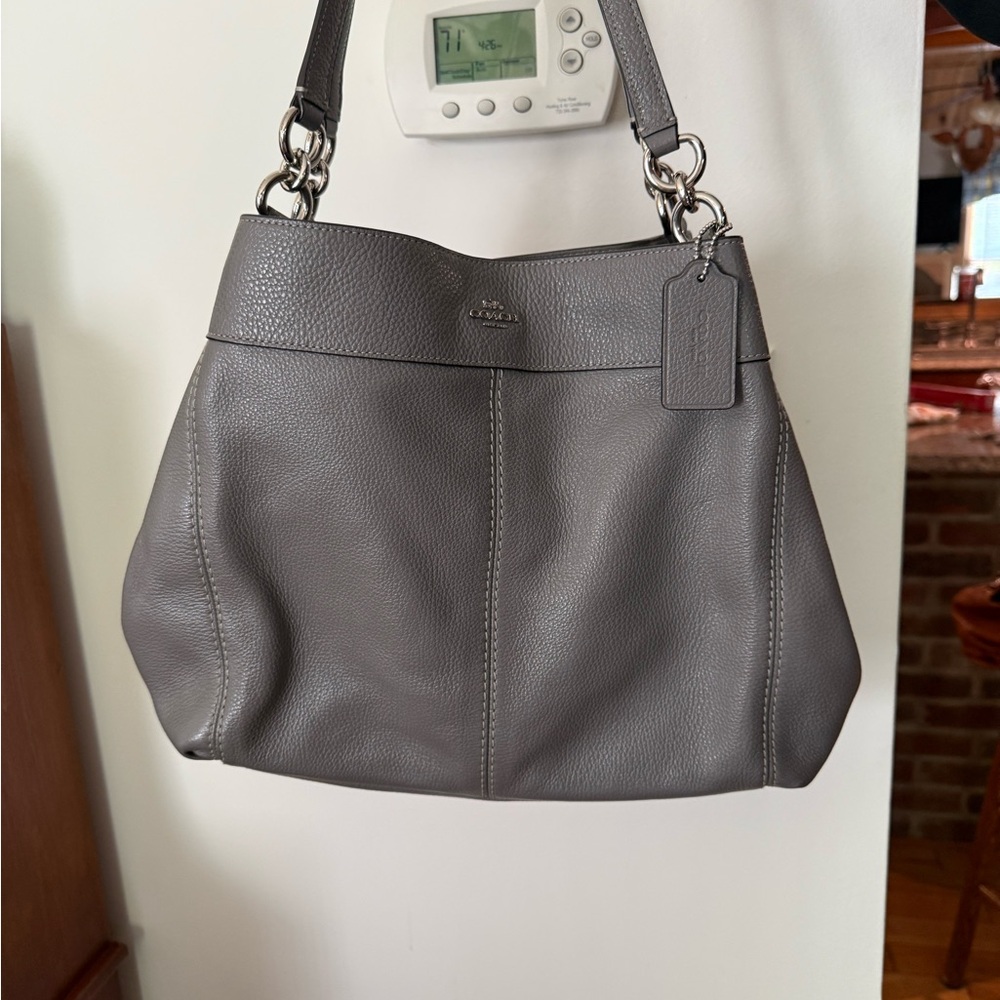 Coach Gray Leather Shoulder Bag with Silver-Tone Hardware